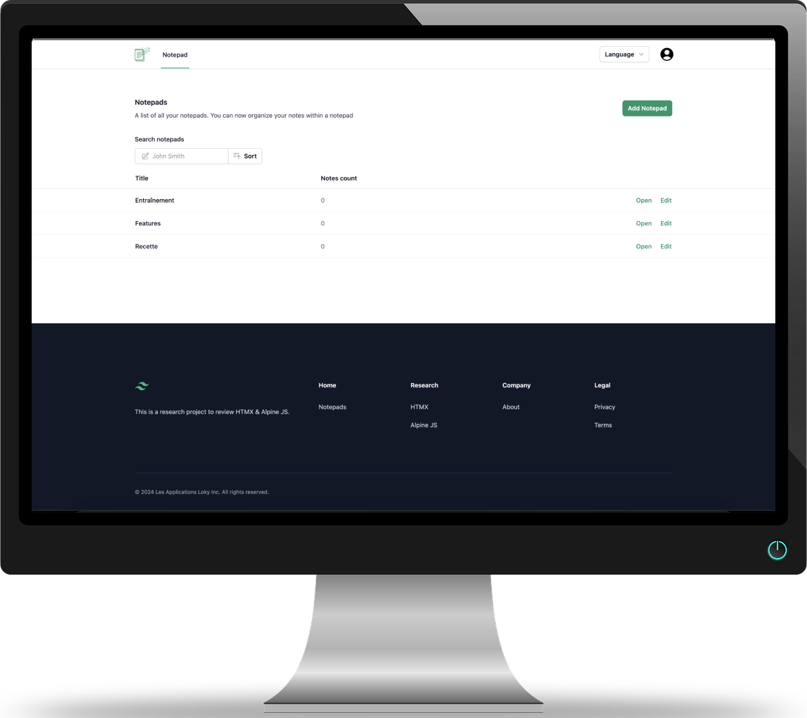 Application web Notepad — recherche HTMX & Alpine JS